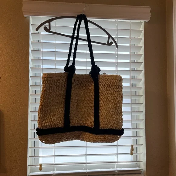 Neutral Straw Tote with Black Rope Trim - Picture 2 of 2